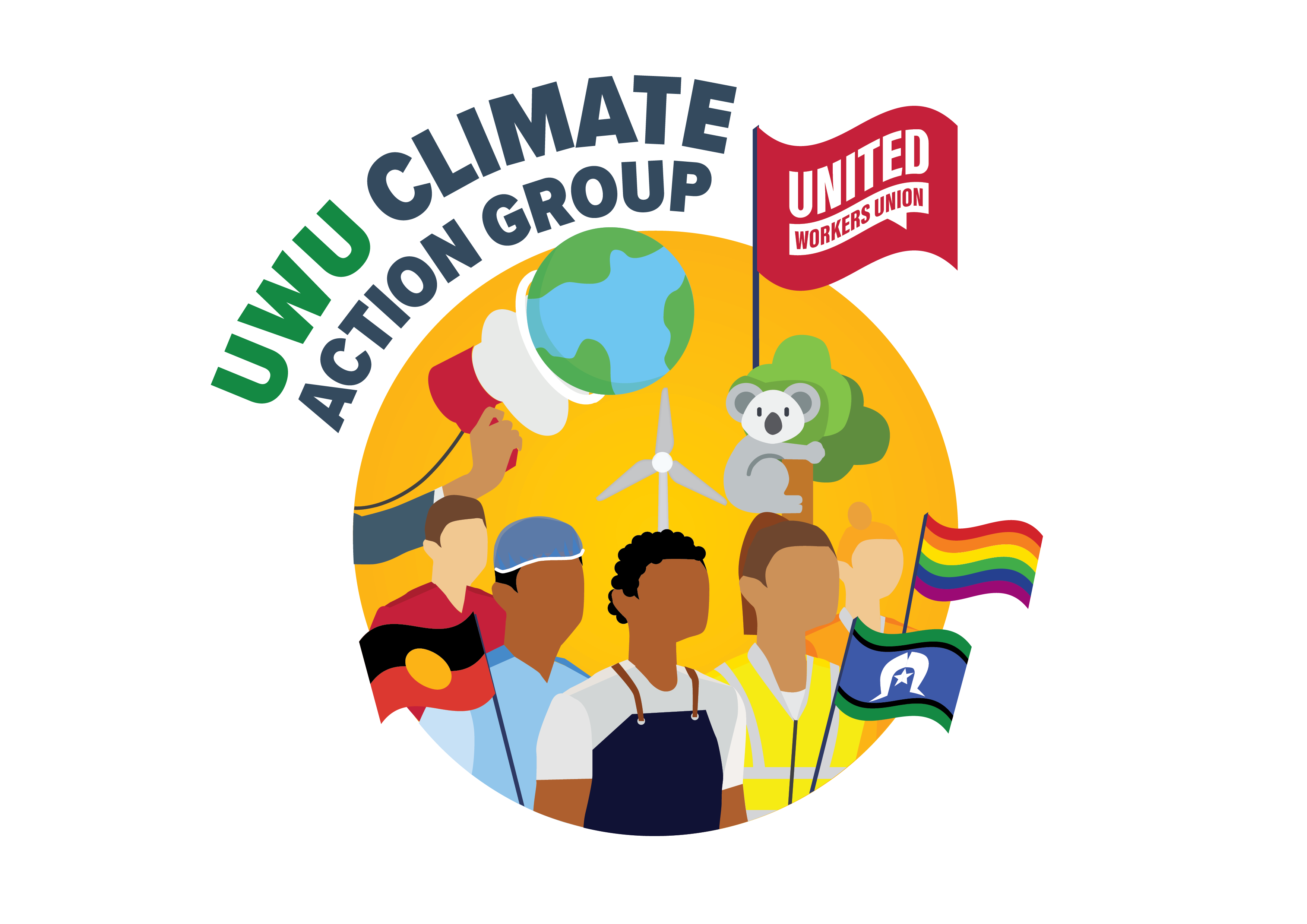 Image representing the uwu climate action group, with diverse people flags, megaphones and the planet on display.
